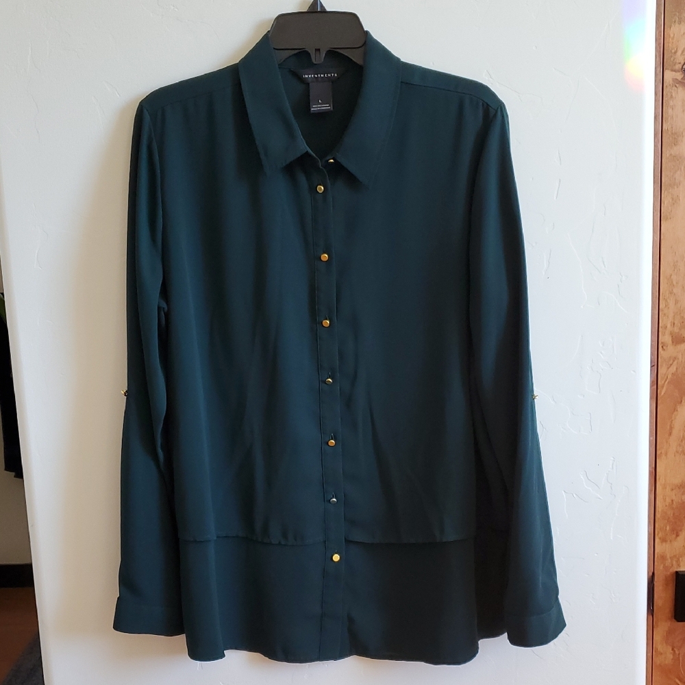 Dark Green Blouse Button Collar Shirt Large